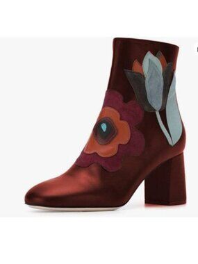 FSJ Women Fabulous Round Toe Ankle Boots Chunky Heels Floral Sewed Red Shoes